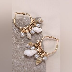 Gold Shell and Pearl Hoop Earrings